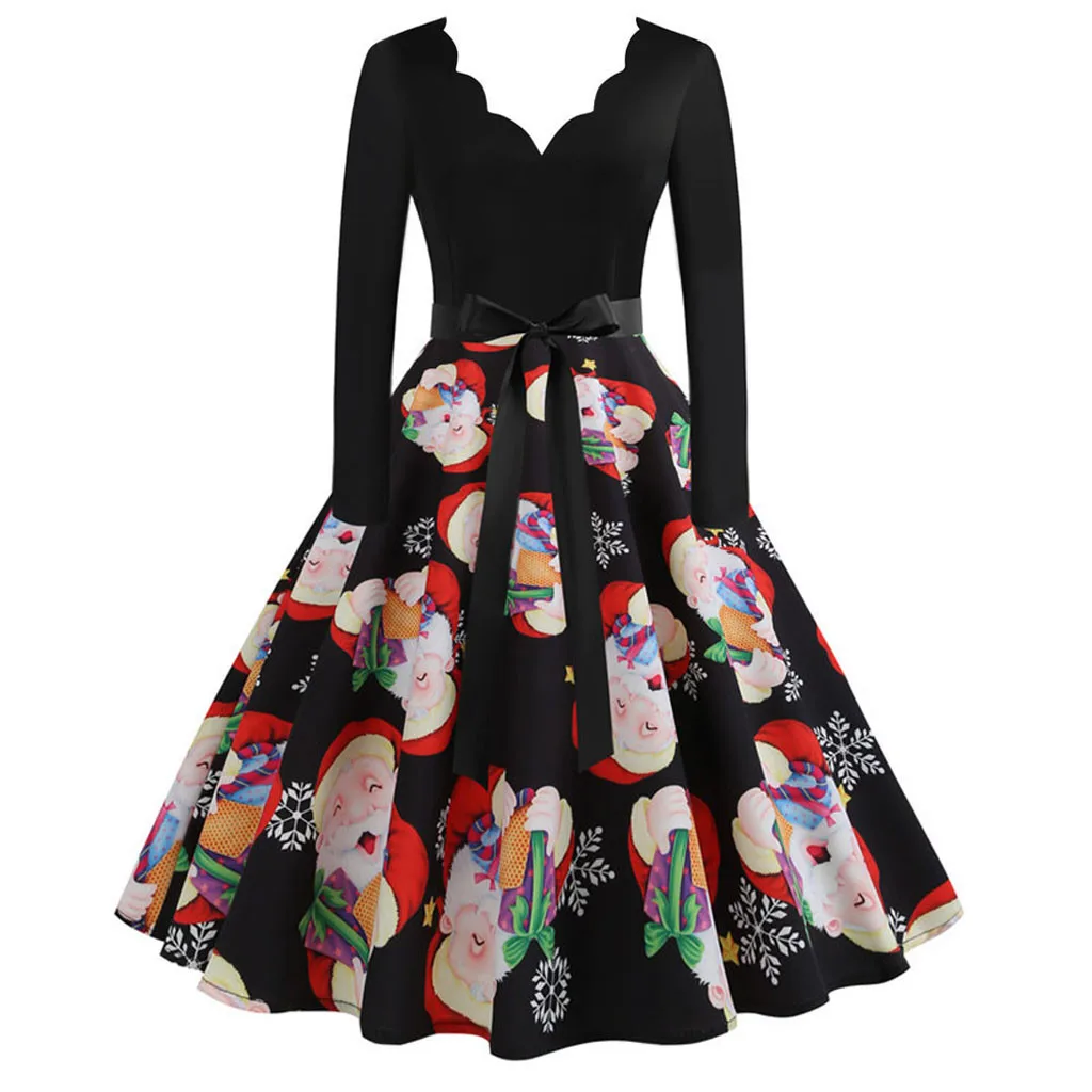 Женское винтажное вечернее платье с длинным рукавом Рождественский принт