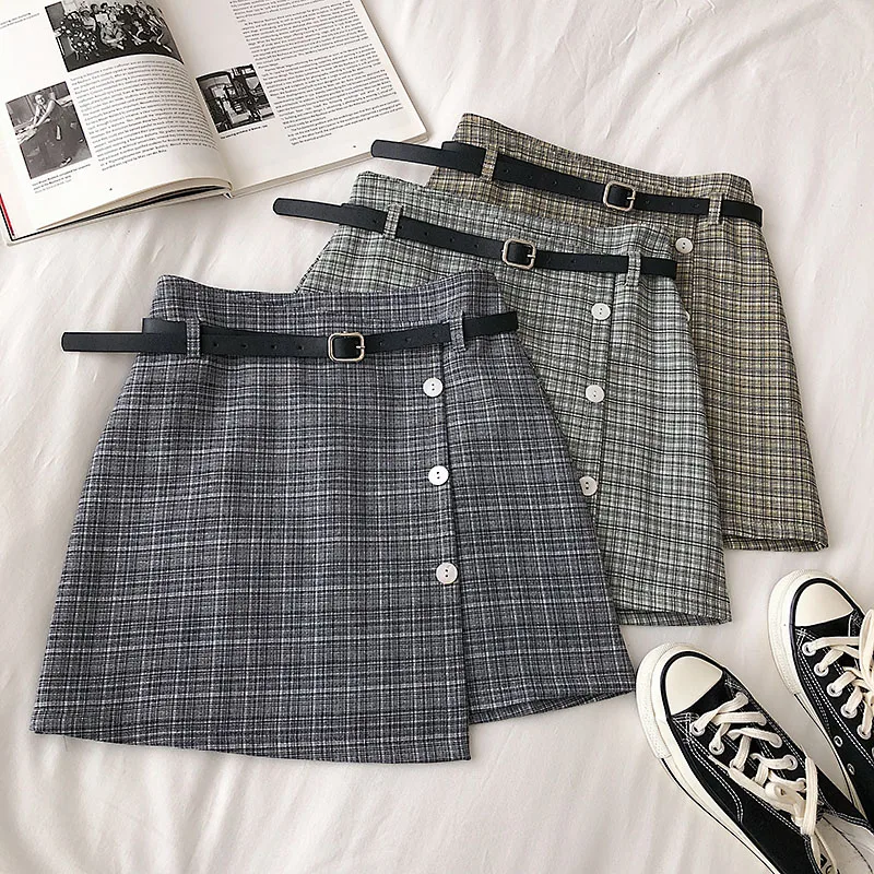 Летняя Повседневная Женская клетчатая мини юбка с поясом винтажная имперская