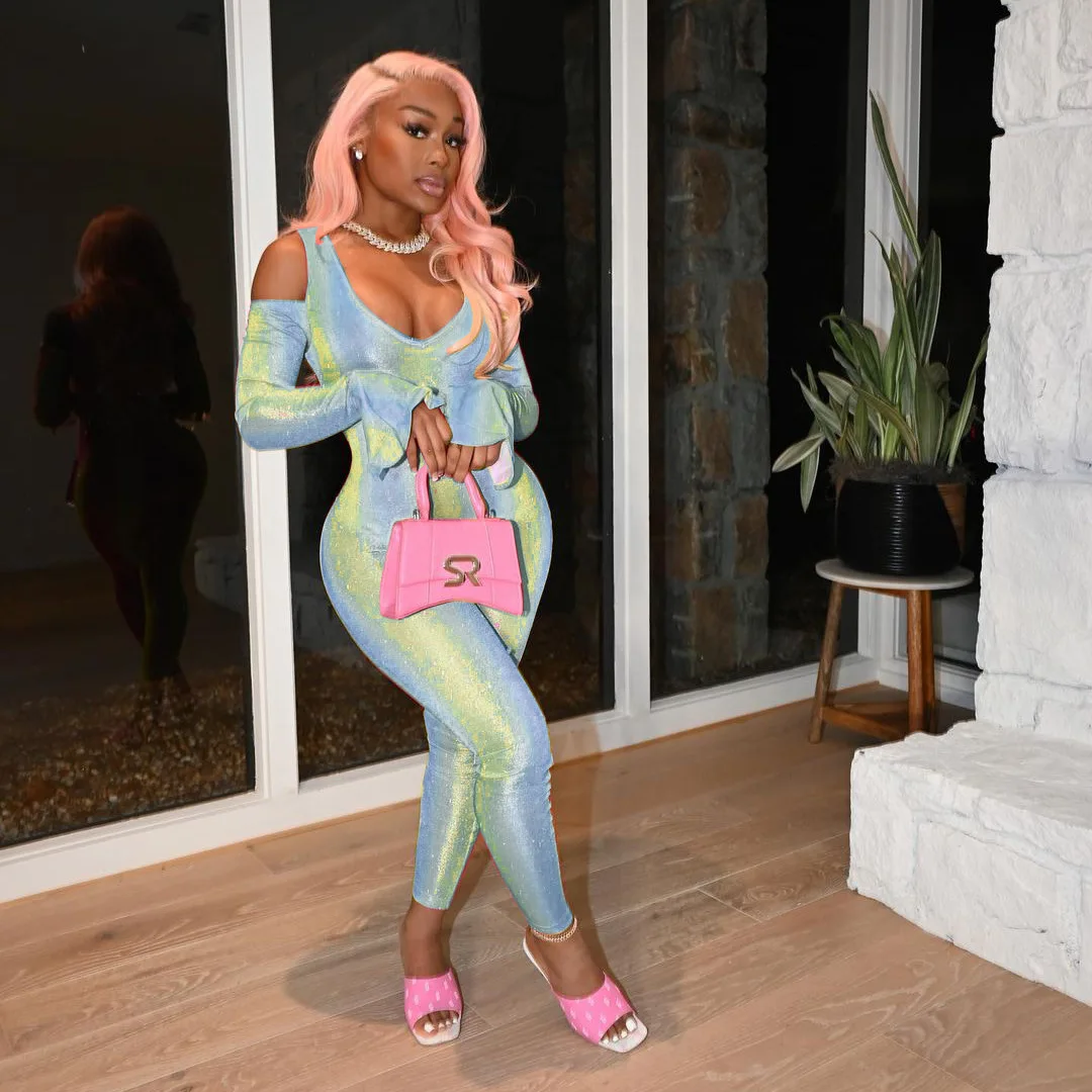 

Women Jumpsuit Plus Size 4XL Sexy Gradient Colorful Bodycon Stretch Flare Sleeve Leotard Clubwear Playsuit One Piece Overalls