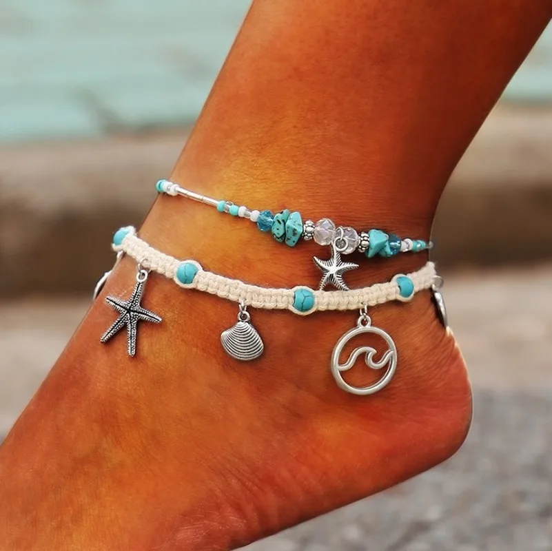 

European American Cross-border New Beach Foot Jewelry String Type Starfish Wave Pattern Shell Pendant Inlaid Anklet