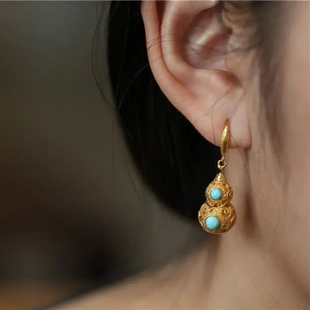 

New SNew silver inlaid turquoise earrings small gourd Chinese retro style hollowed out charm women's brand jewelry