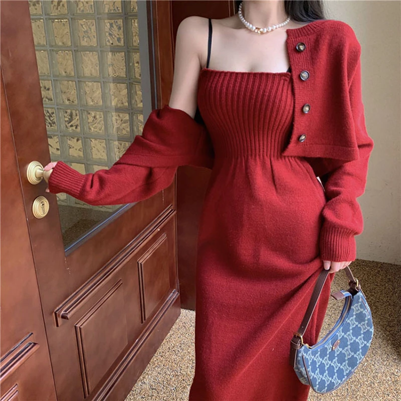 

2021 Fashion New Spring Autumn Purple/Red O Neck Cardigan Short Knitted Sweaters Slim High Waist Spaghetti Strap Dress Sets Lady