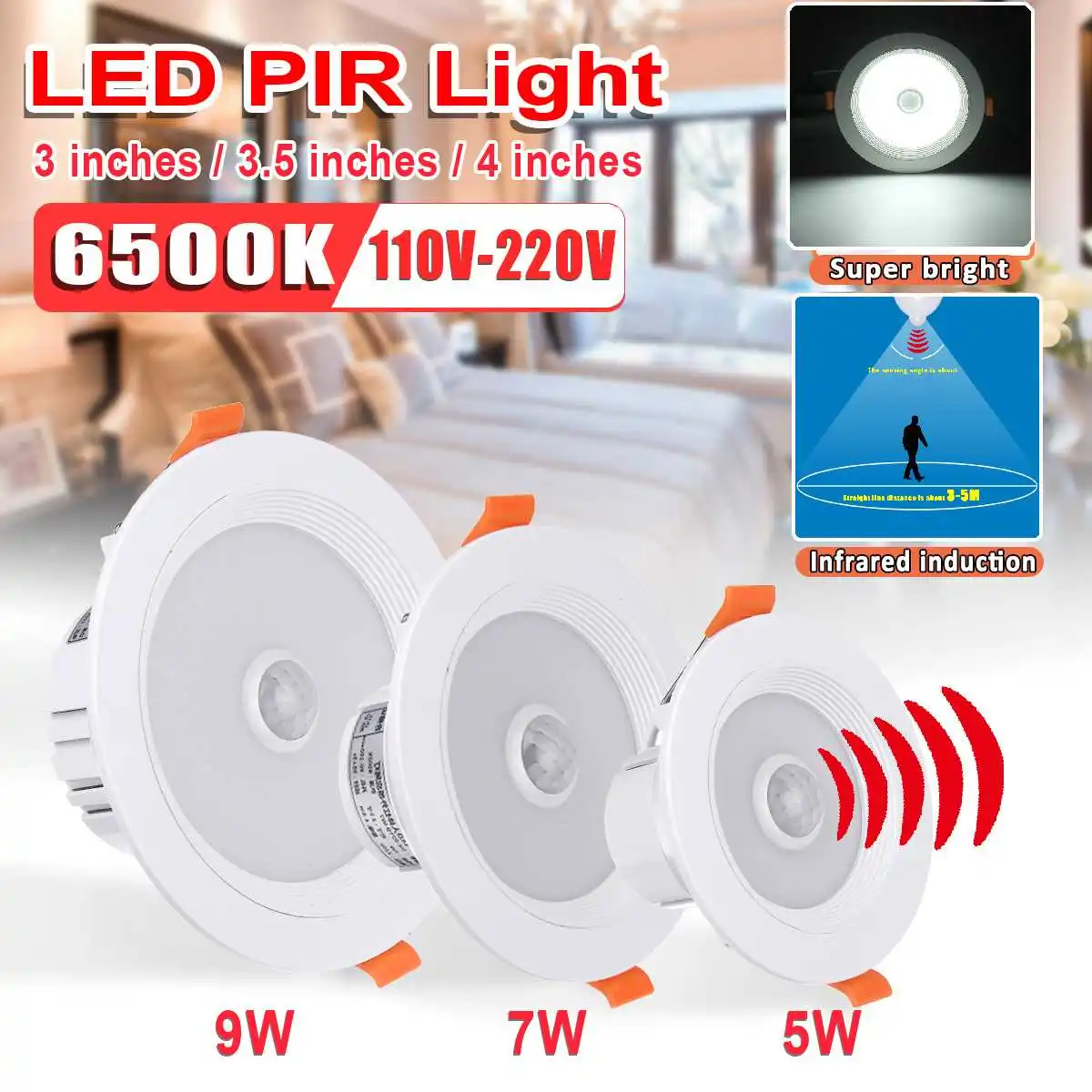 

5W/7W/9W Round LED Recessed Downlight 6500K LED Spotlight Ceiling Downlight With PIR Motion Sensor Indoor Lighting 110V-220V
