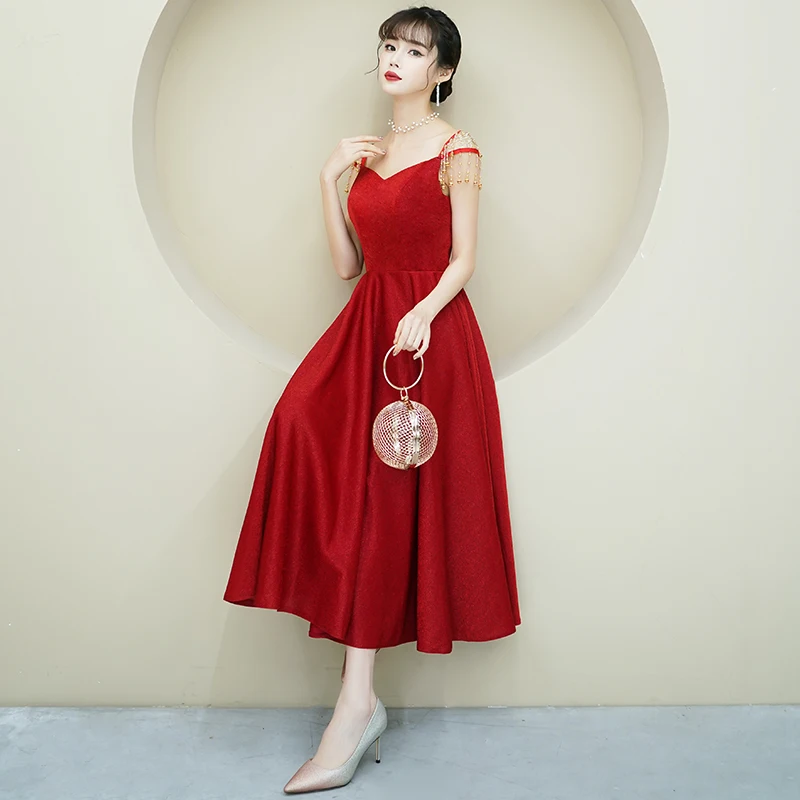 

2021 Summer Hot Style-Wine Red Toast/Thank You Banquet/Engagement Skirt-Sexy Neckline-None Sleeve