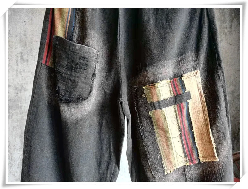 

LYUZHE Vintage Spliced Striped Harem Pants Women 2021 Autumn Patchwork Female Trousers Elastic Waist Distressed Pants QDY215