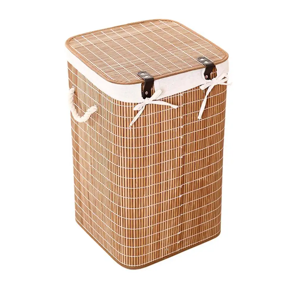 

Storage Folding Laundry Hamper Basket Organizer Hand-Woven Large Capacity Bamboo Baskets Cover Household Clothes Toys Bucket