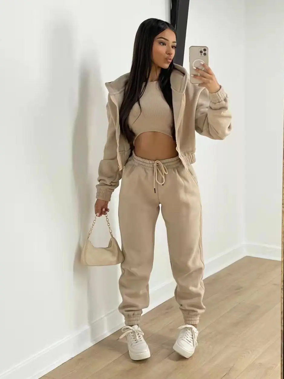 Women 3 Piece Sets Casual Long Sleeve Zip Hoodies+Ribbed Tank+High Waist Sweatpants Jogger Pant Suits Sporty Three Pieces Outfit