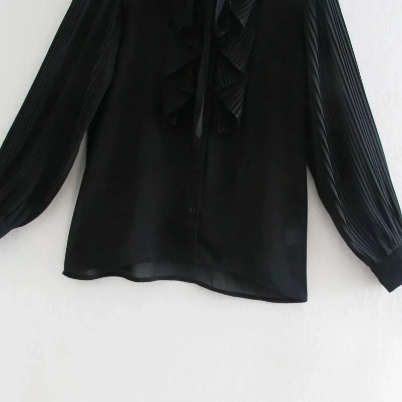 

Summer Women Cascading Ruffle Black Chiffon Blouse Female Long Sleeve Shirt Casual Lady Loose Tops Blusas S8876