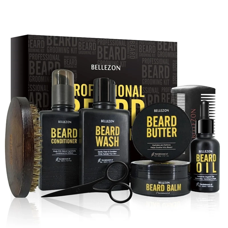 

Beard Growth Kit Barba Enhancer Oil Scissors Wax For Hair Growth Man Beard care 8Pcs/Set