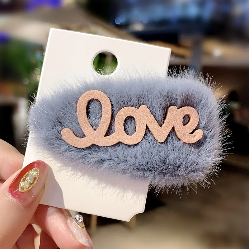 Blue Модные заколки для волос с надписью «LOVE»; Плюшевые заколки для волос; BB; сезон осень-зима; имитация кроличьего меха; заколки для волос; аксессуары для волос - Цвет: Blue