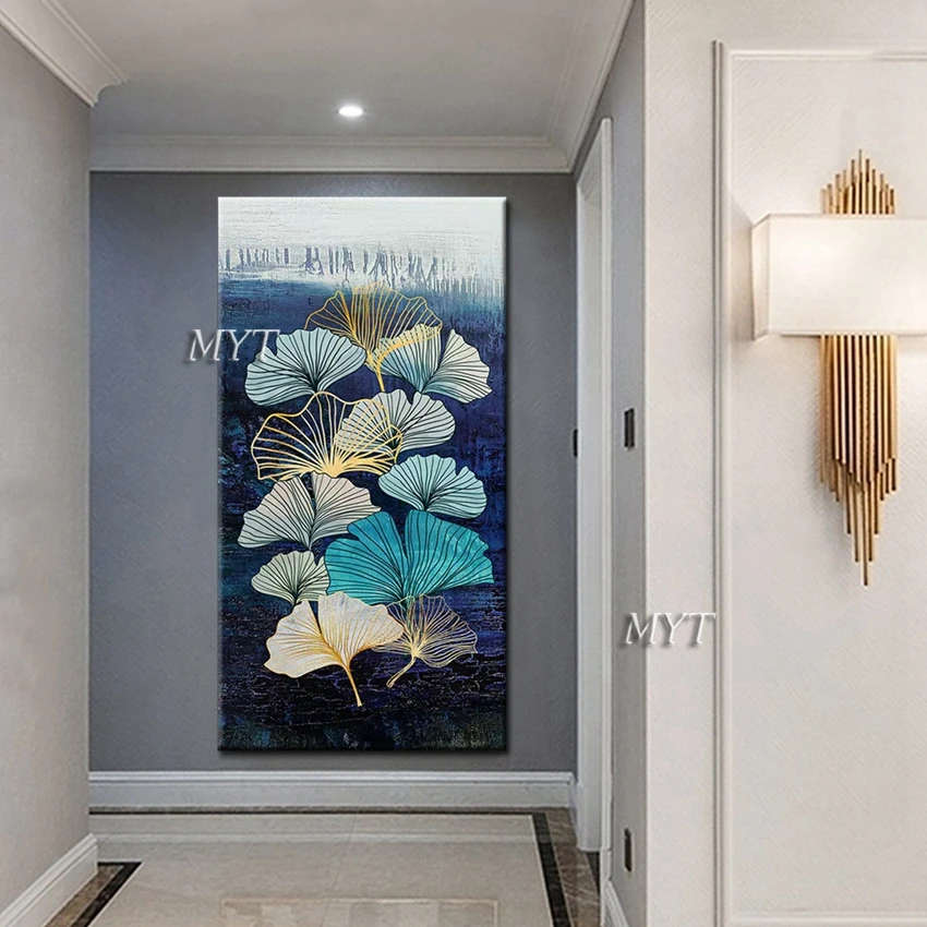 Textured Gold Lines Abstract Ginkgo Flower Canvas Oil Painting Modern New Arrival Hand-painted Wall Art Decor For Living Room | Дом и сад