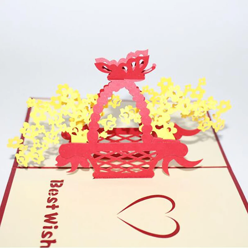 Открытка с конвертами 3D корзина из бумаги цветами лазерная резка