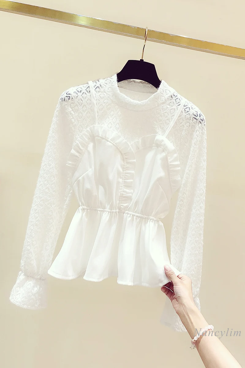 

2021 Spring New Stand Collar Lace Stitching Long Sleeve Slim Waist Elegant Lady's Short Blouse Tops Nancylim