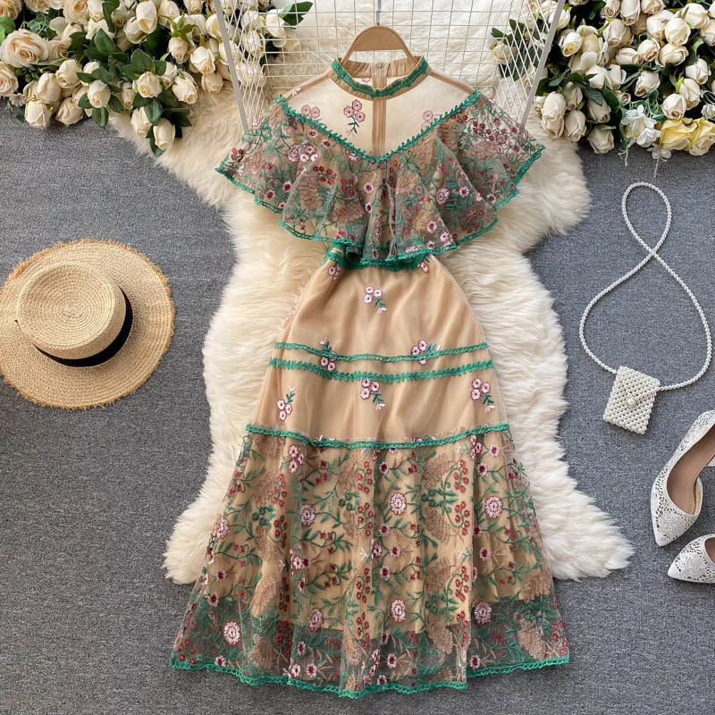 2023 New Summer Women Elegant Vintage Dress High Quality Runway Designer Mesh Flowers Embroidery Ruffles Slim Long Dress