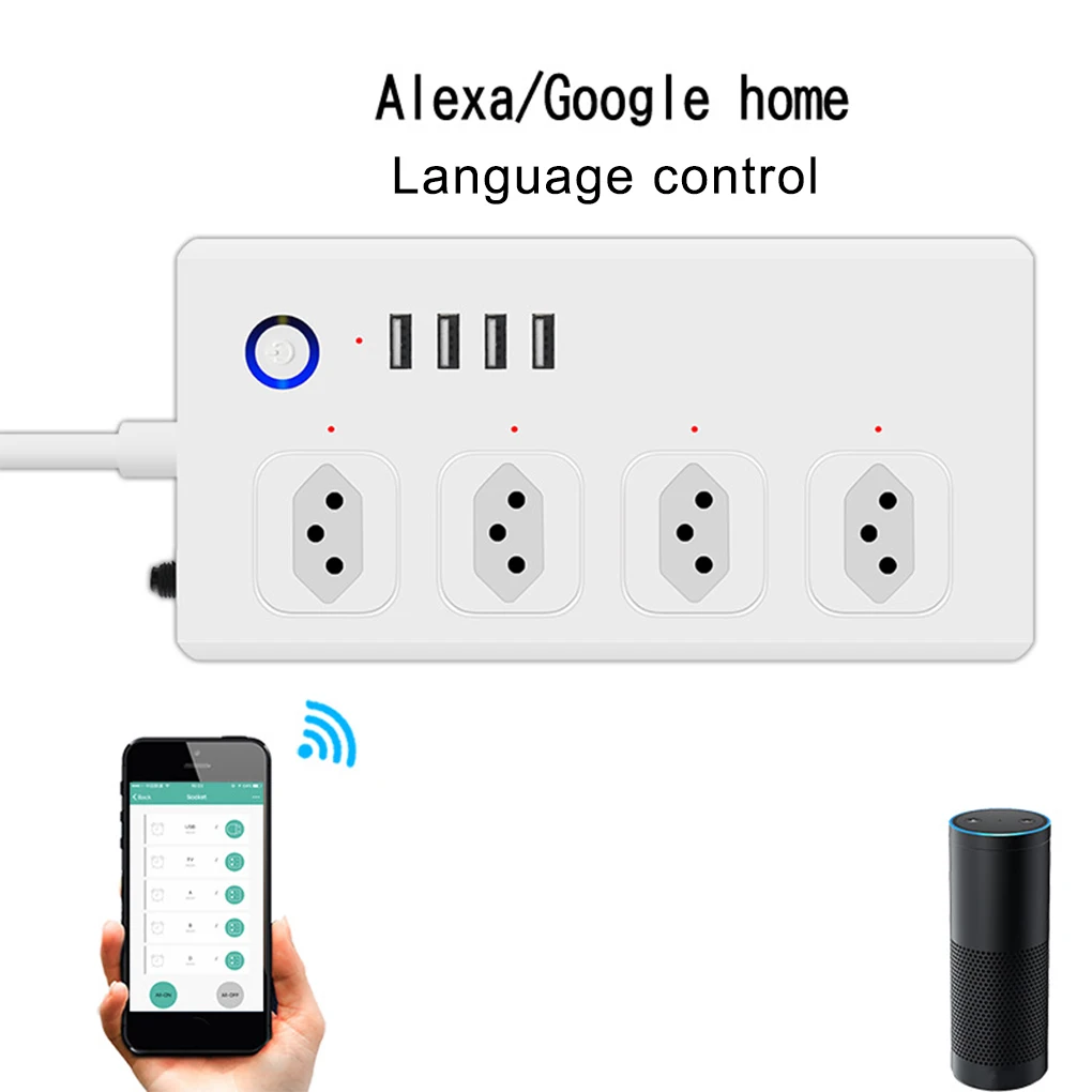 

1PC/2PCS Brazil WiFi Smart Power Strip with 4 Outlets 4USB Ports ,1.4m Extension Cord Voice works with Alexa, Google Home