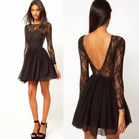 free shipping long sleeve sheer lace short latest design sexy low back vestido de renda party dresses