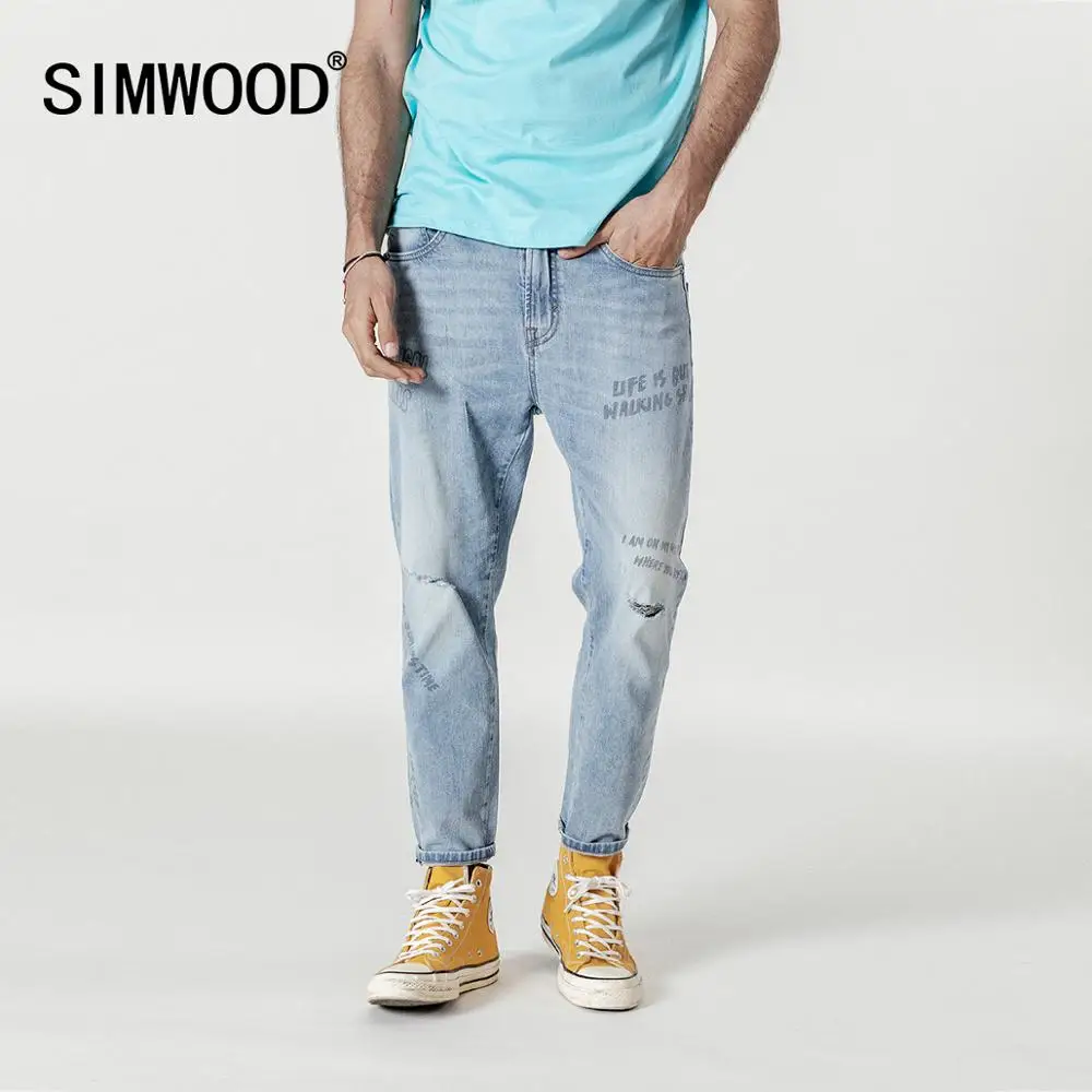 Демисезонные мужские джинсы SIMWOOD рваные джинсовые брюки с принтом Буквы штаны из