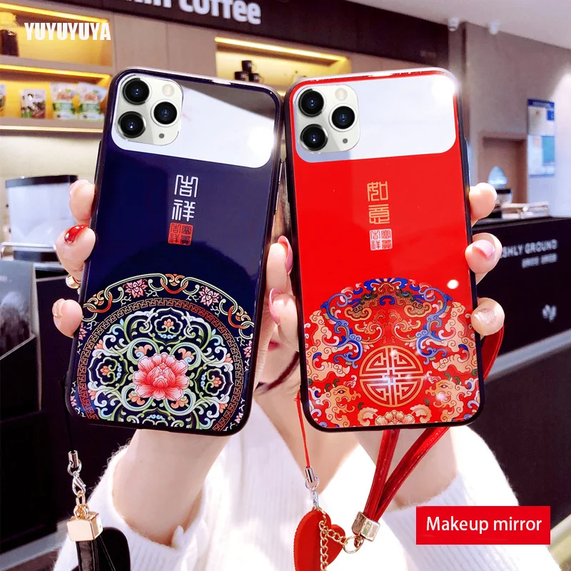 Чехол в китайском стиле для iPhone SE 2020 с ремешком зеркала макияжа стеклянный чехол