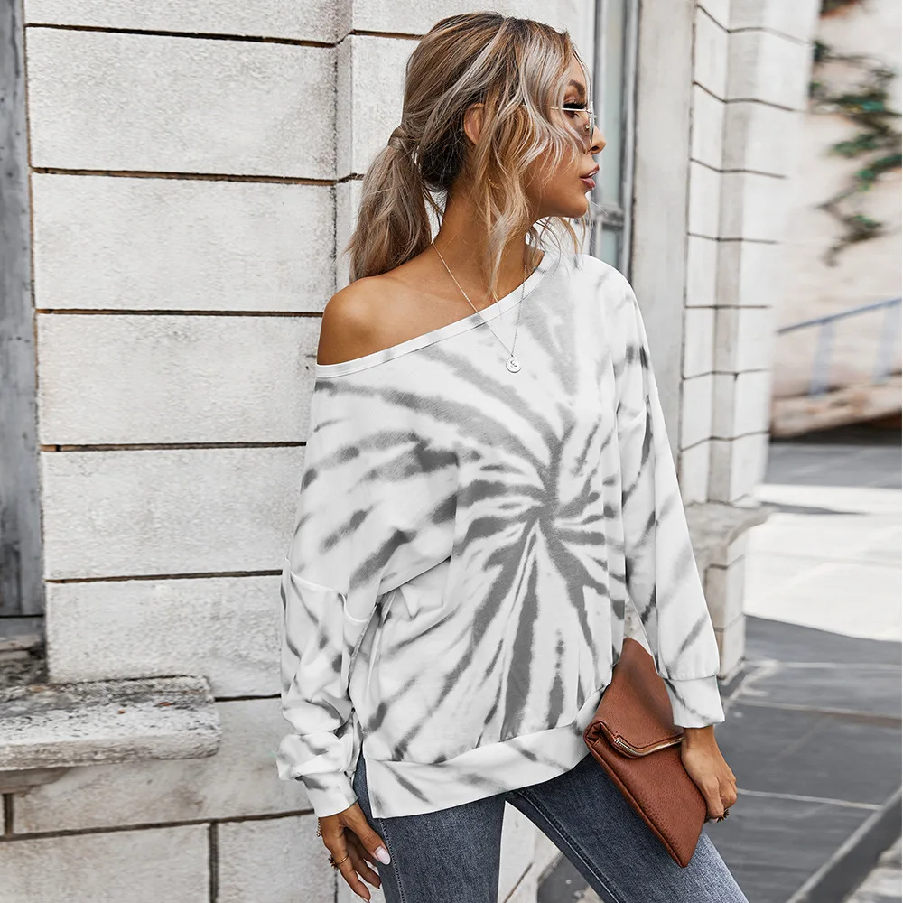 

Women Tie-dye Print Loose Long Sleeve T-shirt Top Autumn Winter Casual Off Shoulder Fashion Streetwear Korean Clothes Oversize