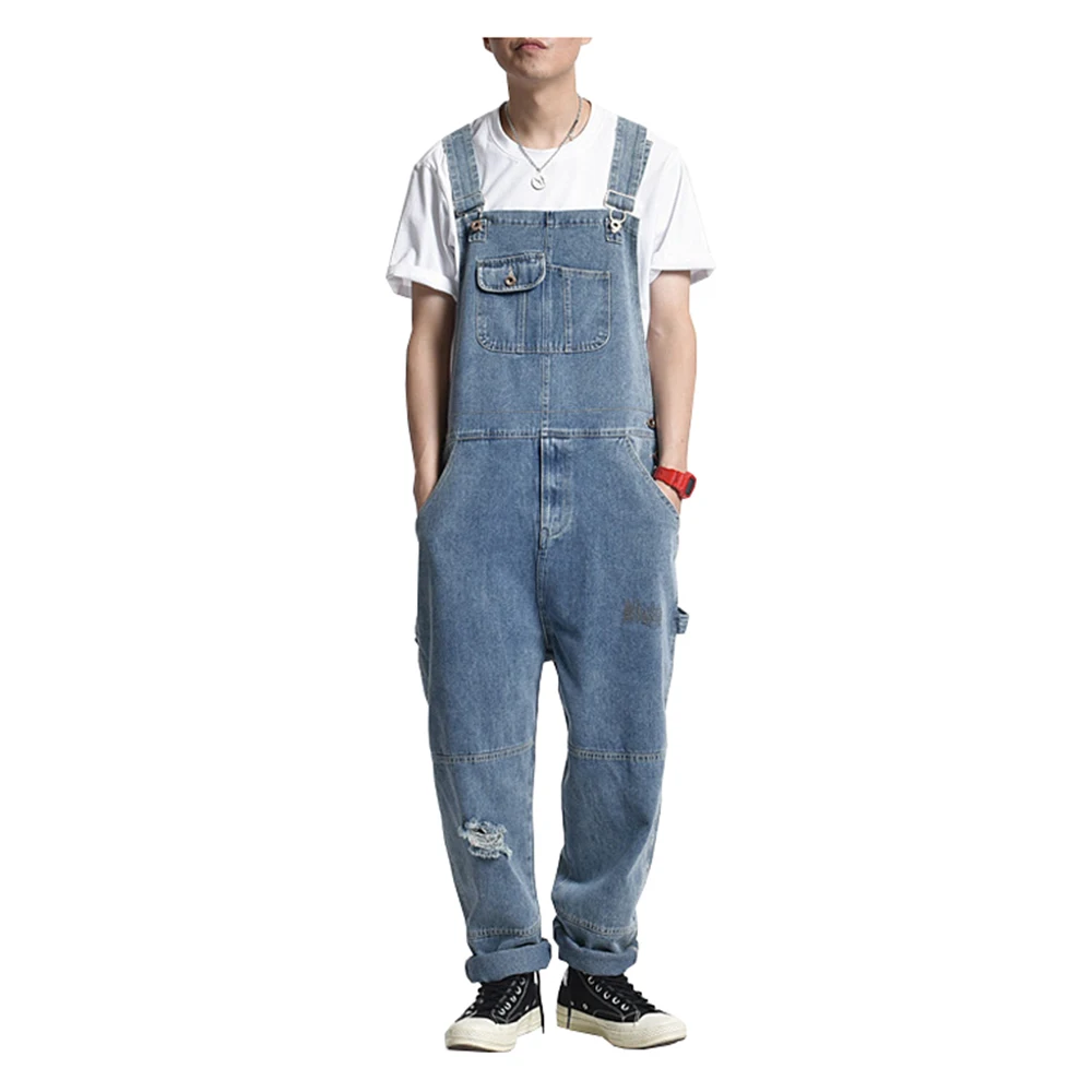 

Men's Loose Pockets Patch Holes Ripped Cargo Denim Bib Overalls Contrast Color Jumpsuits Casual Jeans Coveralls