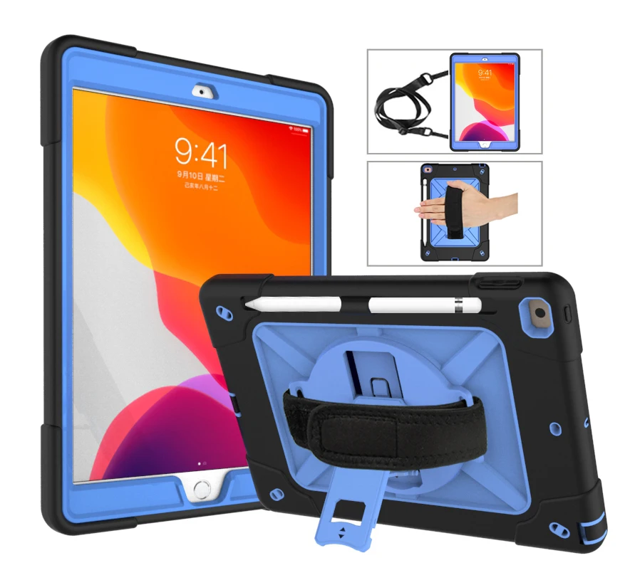 black blue Чехол для планшета для iPad 10,2 7-го поколения 10,", детский сверхпрочный защитный чехол, вращающаяся подставка/ремешок на руку+ плечевой ремень - Цвет: black blue