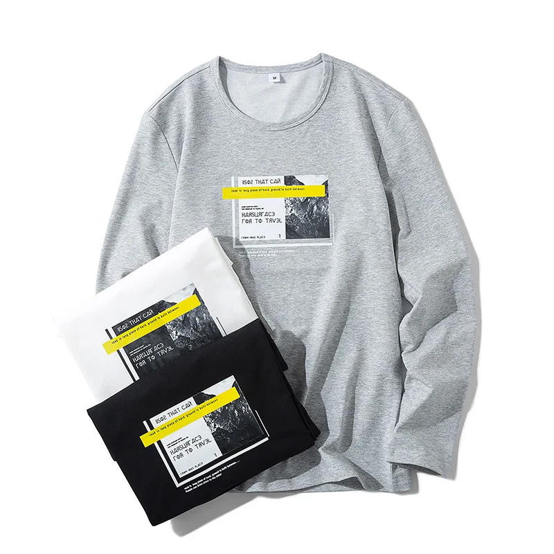 Spring and Autumn New men's printed long-sleeved T-shirt teen round neck bottom top fashion casual clothing new 2020 | Мужская