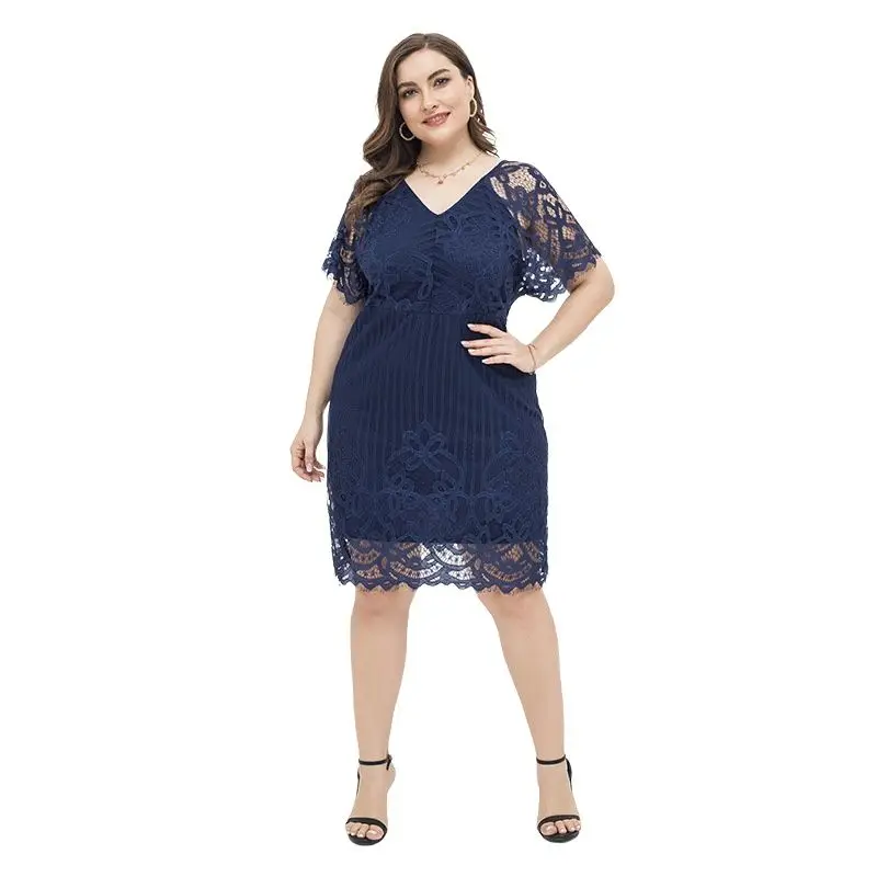 Brand New Spring Autumn European American Fashion Lace Women Dress Sexy Short Shirt V-Neck Blue Fat Sister Dress