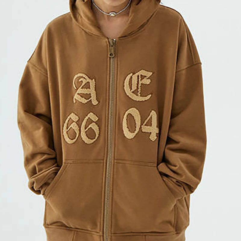 

High street autumn and winter brown jacket American retro couple loose cotton zipper cardigan hooded sports sweater women y2k