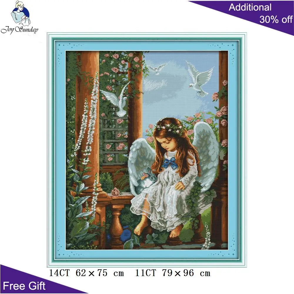 

Joy Sunday крест с ангелами, Набор для вышивки крестом R532 14CT 11CT, с счетом и печатью, для домашнего декора
