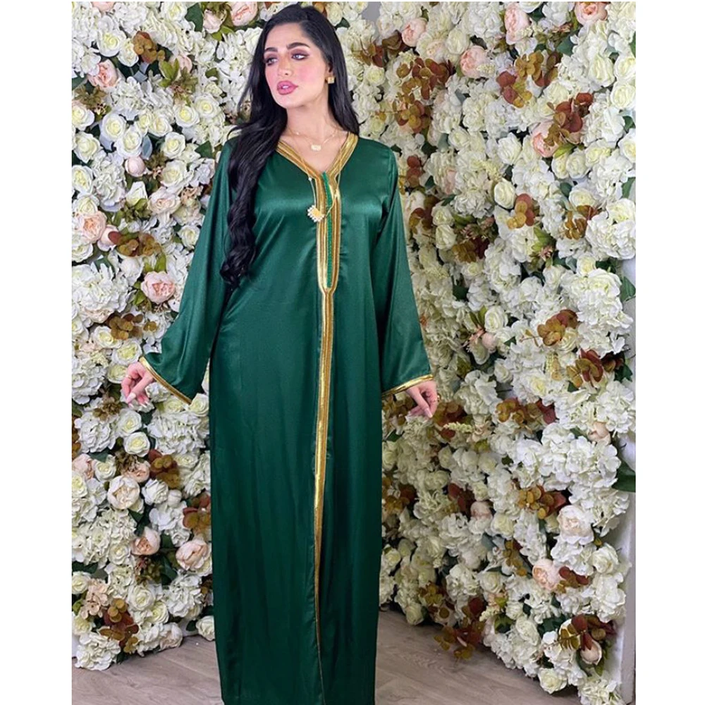 

Ramadan Middle East Dubai Muslim Women Satin Long Dress Arab Jilbab Casual Abaya V-neck Kaftan Dresses Malaysia Turkish Fashion