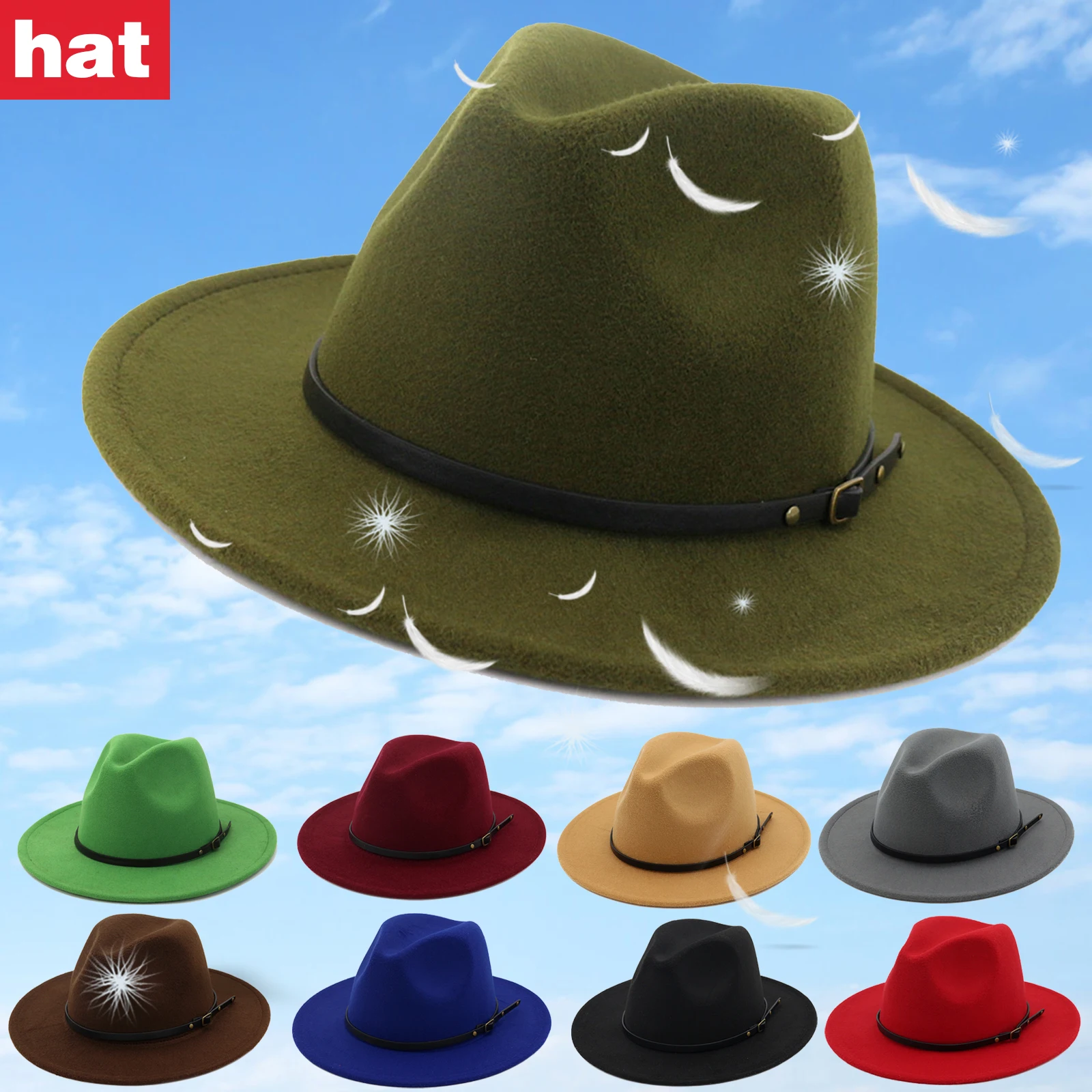 

Women's Simple Top Hat Wool Felt Outback Hat British Style Headgear Wide Brim Belt Cap TY66