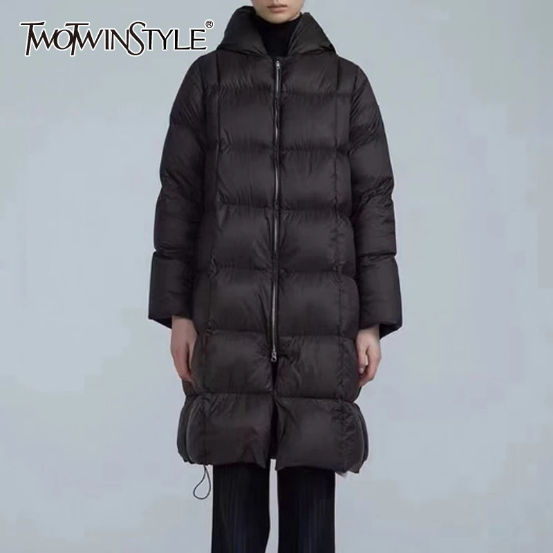 

TWOTWINSTYLE Casual Long Women's Down Coats V Neck Long Sleeve With Hat High Waist Loose Solid Color Women's Down Jacket New