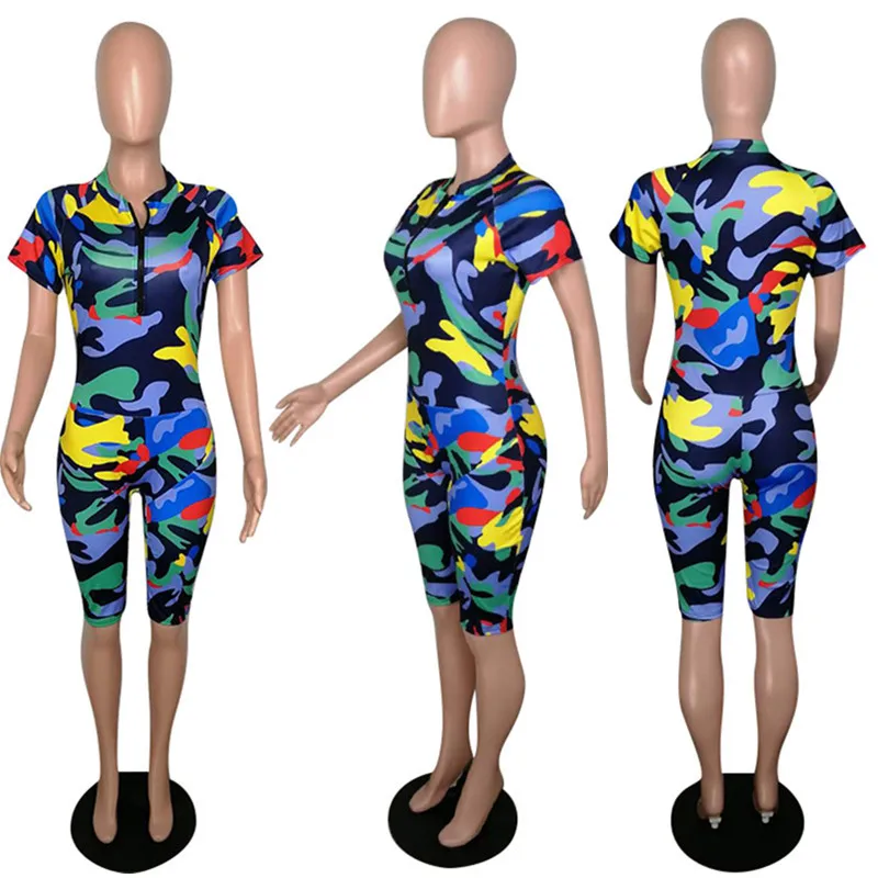 

Camouflage Zipper Tight Jumpsuit 2021 Summer Women's Jumpsuit Exercise Sports Leisure Cycling or Racing Motorcycle Jumpsuit