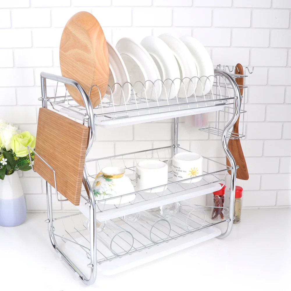 

Kitchen Cutlery Drain Rack 3 Layer Dish Drainer Iron Art Utensils Storage Organizer Rustproof Dishes Plates Organization Shelf (