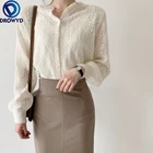 Женский ажурный кружевной вязаный свитер, элегантный однобортный Свободный Топ с круглым вырезом и рукавами-фонариками, осень 2021