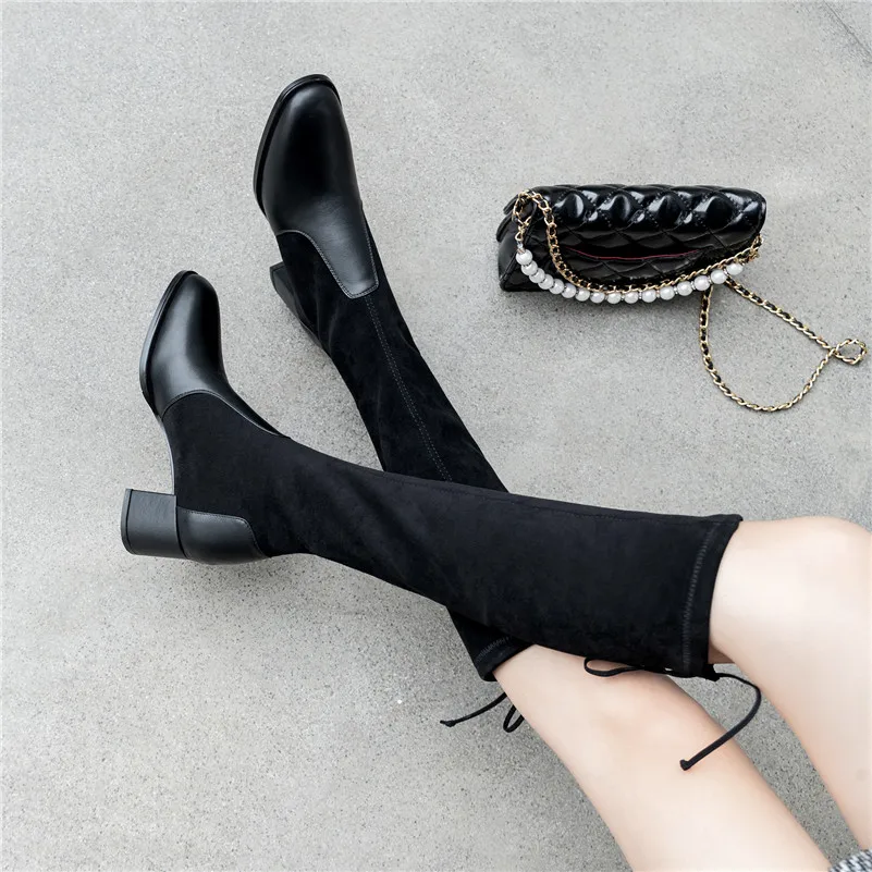 

Meotina Autumn Knee High Boots Women Slim Stretch Square High Heels Long Boots Slip on Round Toe Shoes Female Winter Size 34-39