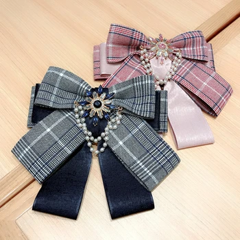 Plaid Multi-layer Bow Lady's Bow Tie Simplicity Student Girls Bowtie Imitate Pearl Pin Brooch Cravat Women Apparel Accessories 1