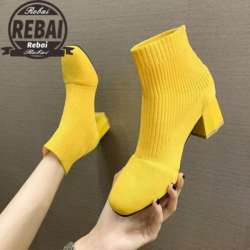 

Autumn New Fashion Women Boots Square Toe Elastic Ankle Boots women Thick Heel Shoes Female black Boots boots feminina 35-40
