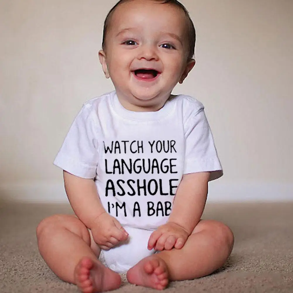 

Baby Onesies WATCH YOUR LANGUAGE ASSHOLE Printed Kids Infant Romper Bodysuits Summer Boys Letter Girls Clothes Bebe U8N6