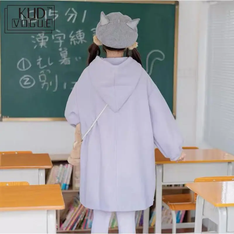 Lolita Cute Coat Lantern Sleeves Woolen Purple Brown Japenese Style Students Winter Soft Little Devil Horn Buckle Girl | Женская одежда