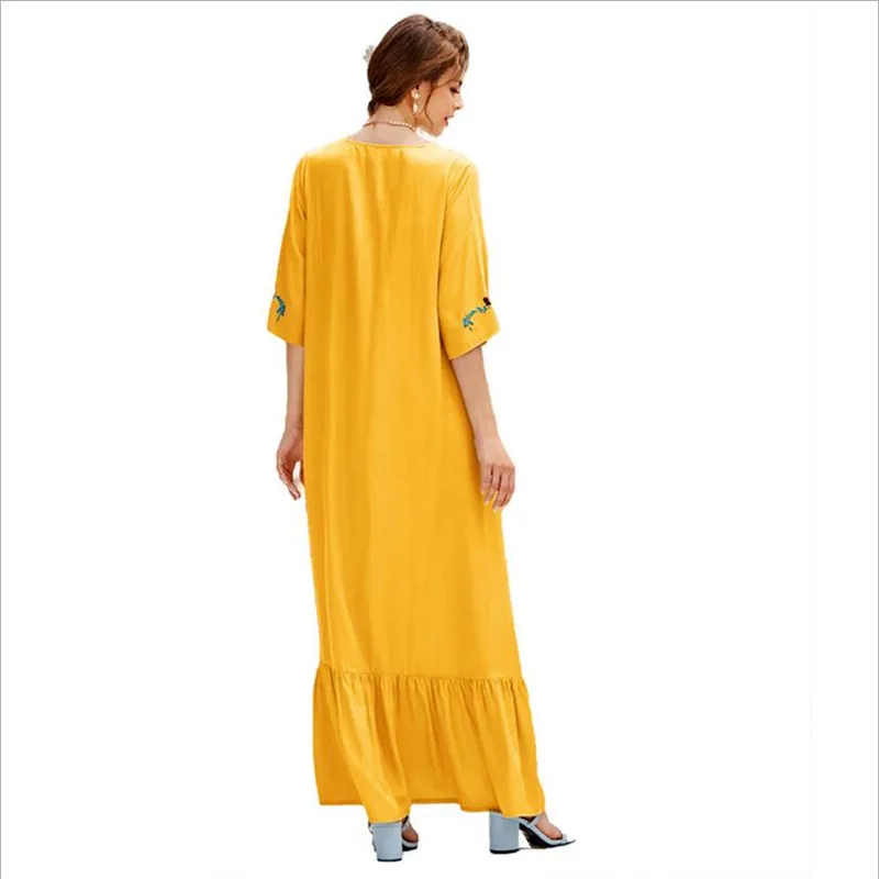 

Summer Women Embroidery Long Dress Arab Abaya Muslim Half Sleeve Ethnic Casual Maxi Robe Ruffle Middle East Dubai Kaftan Fashion