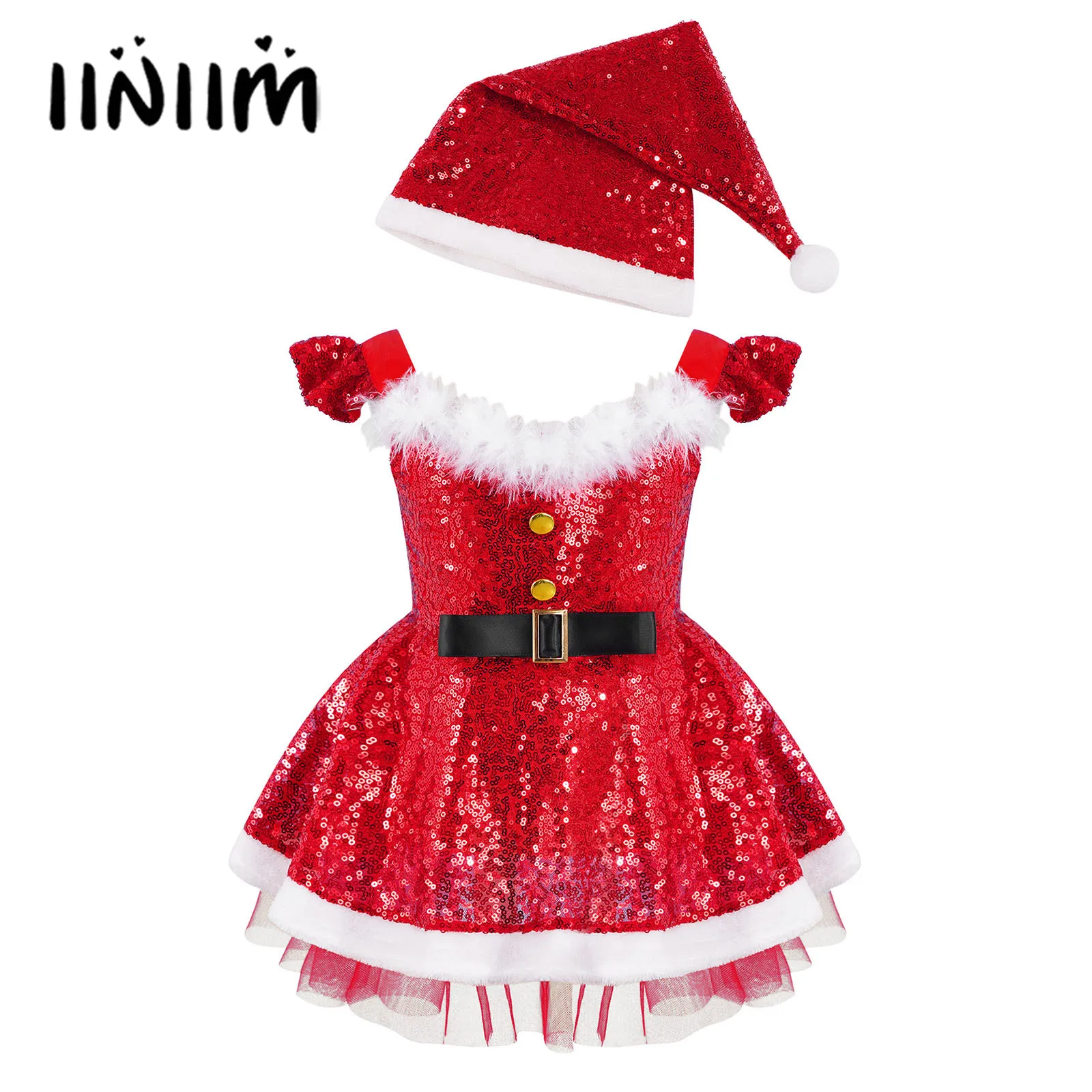

Red Kids Girls Christmas Carnival Cosplay Performance Costume Sequins Faux Fur Adorned High Waist Cami Dress with Hat Set