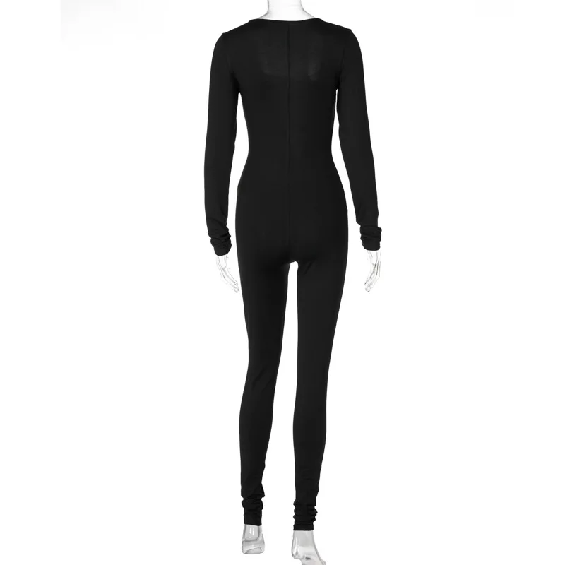 

Black Sexy V Neck Metal Chain Bandage Jumpsuit Streetwear Long Sleeve Cut Out Bodycon Body Suits For Women Romper Femme Pantalon