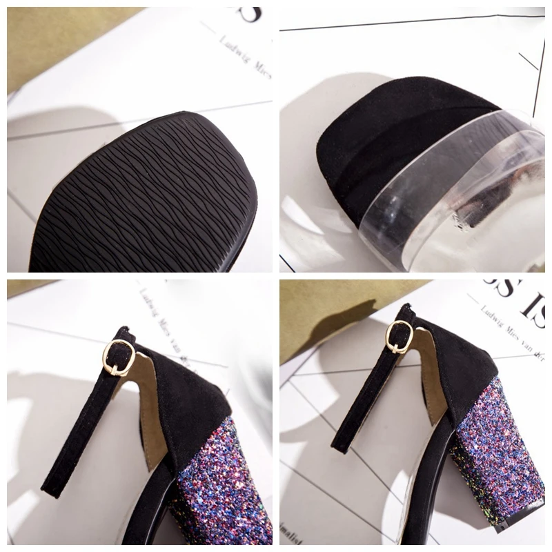 

ORCHA LISA Women Sandals Open Toe 8.5cm 5cm Glitter Square Heels One-button buckle Transparent Big size 28-52 Red Casual C1804