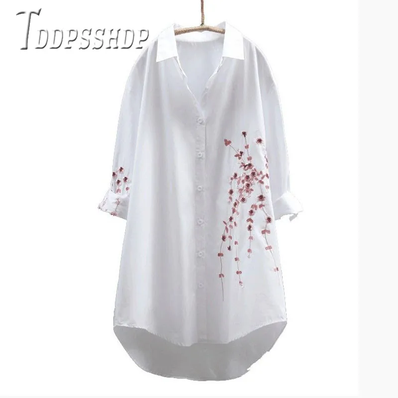 Женская хлопковая блузка с цветочной вышивкой размера плюс белые блузки новинка