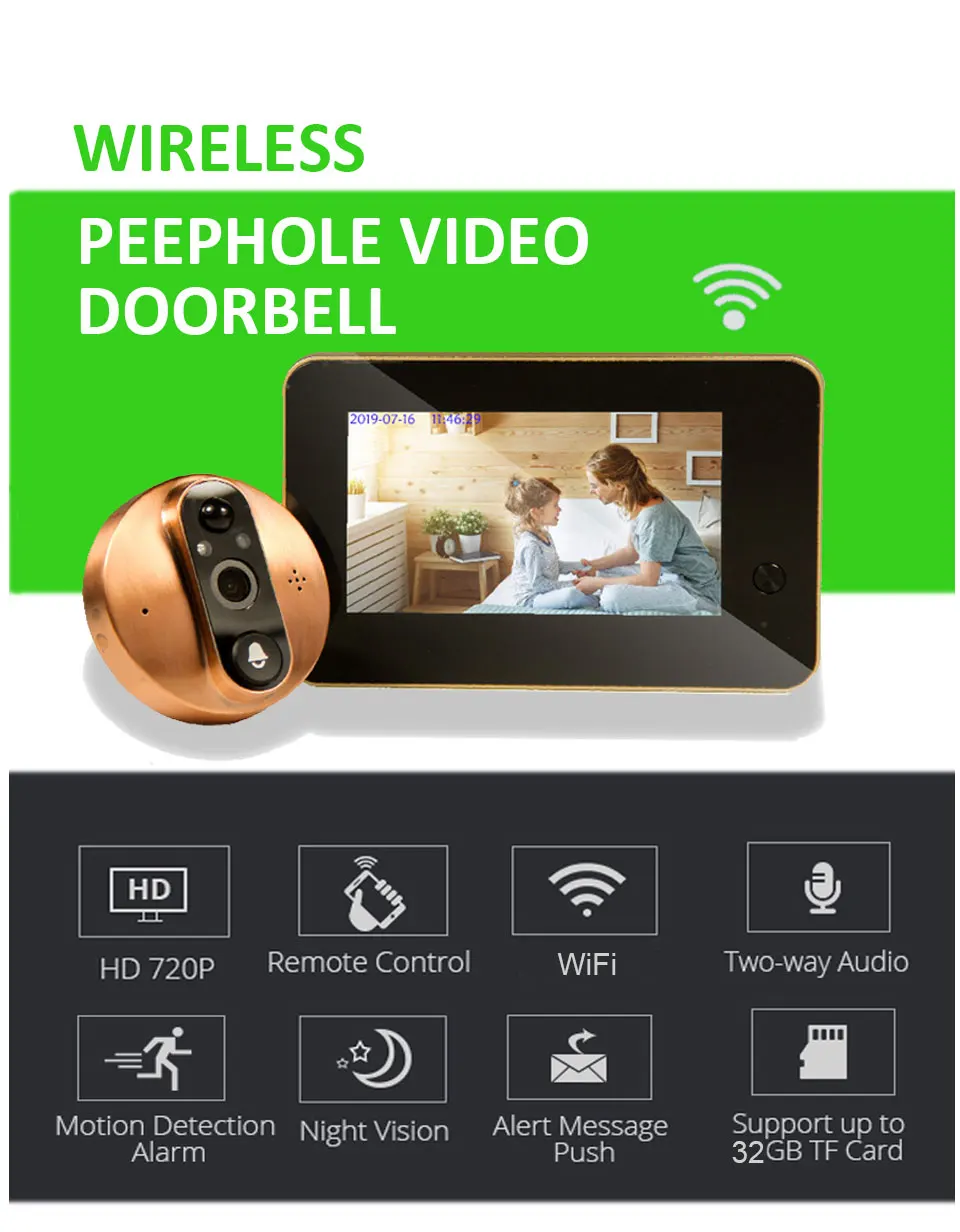 Topvico беспроводная камера Wi-Fi для дверного звонка дверной видео глазок Intercoms 4,3 дюймов Обнаружение движения беспроводной дверной просмотр видео-глаз смарт-кольцо