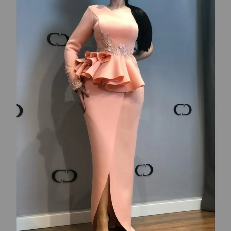 

African Evening Dresses One Shoulder Lace Appliques Peplum Mermaid Prom Dress Front Split Satin Plus Size Party Gowns Vestidos