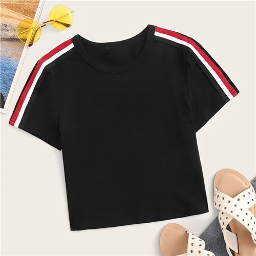 Черный SweatyRocks топ в контрастную полоску, уличная одежда с коротким рукавом, женские футболки с боковой полосой, летние повседневные женские короткие футболки - Цвет: Черный