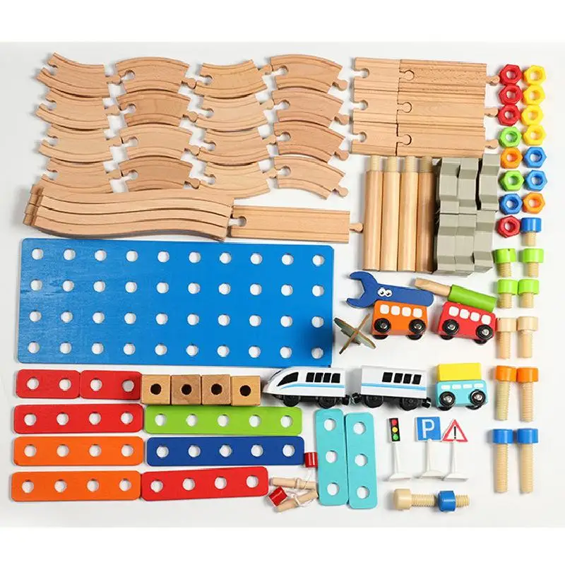 

Children's Educational Nut Building Train Track Disassembly Building Blocks Wooden Small Train Electric Track Set Diy Toys