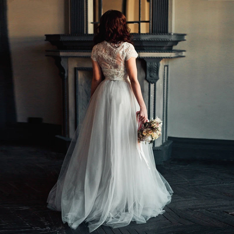 Свадебное платье из двух частей кружевной топ короткий рукав высокая горловина